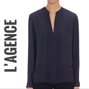 L'AGENCE Lauren Black Silk Pleated Popover Blouse size S